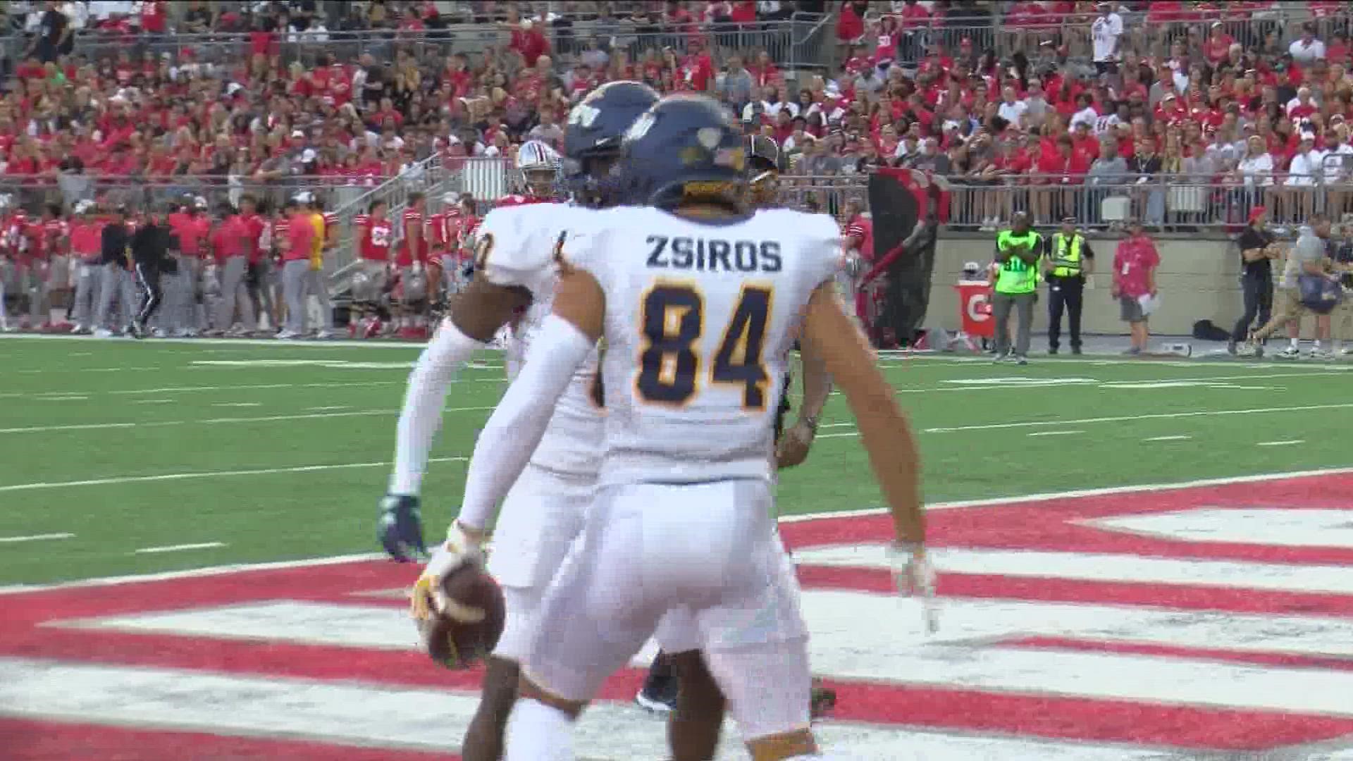St. John's grad Thomas Zsiros caught a 50 yard touchdown pass in the first quarter against the Buckeyes on Saturday.