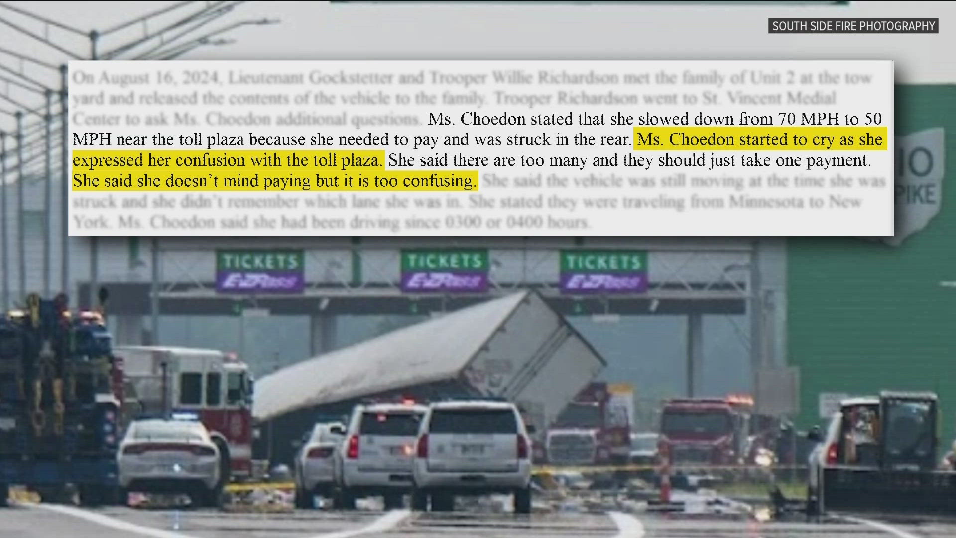 An OSHP report says a driver slowed sharply to avoid missing the Swanton toll plaza and was hit from behind, triggering a series of crashes that killed four people.