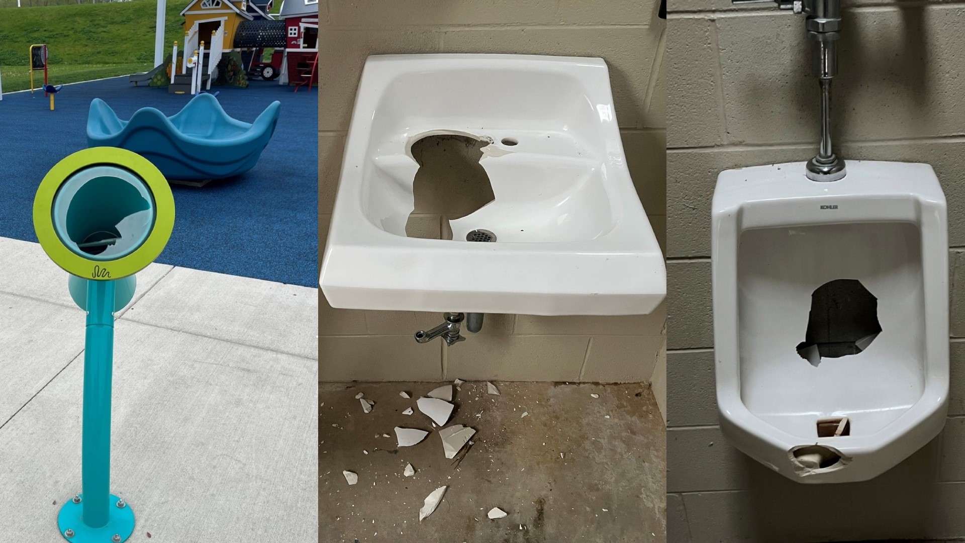 Shattered sinks and toilets, busted playground equipment and graffiti involving racial slurs are just a few of the things reported at the parks over the past weeks.