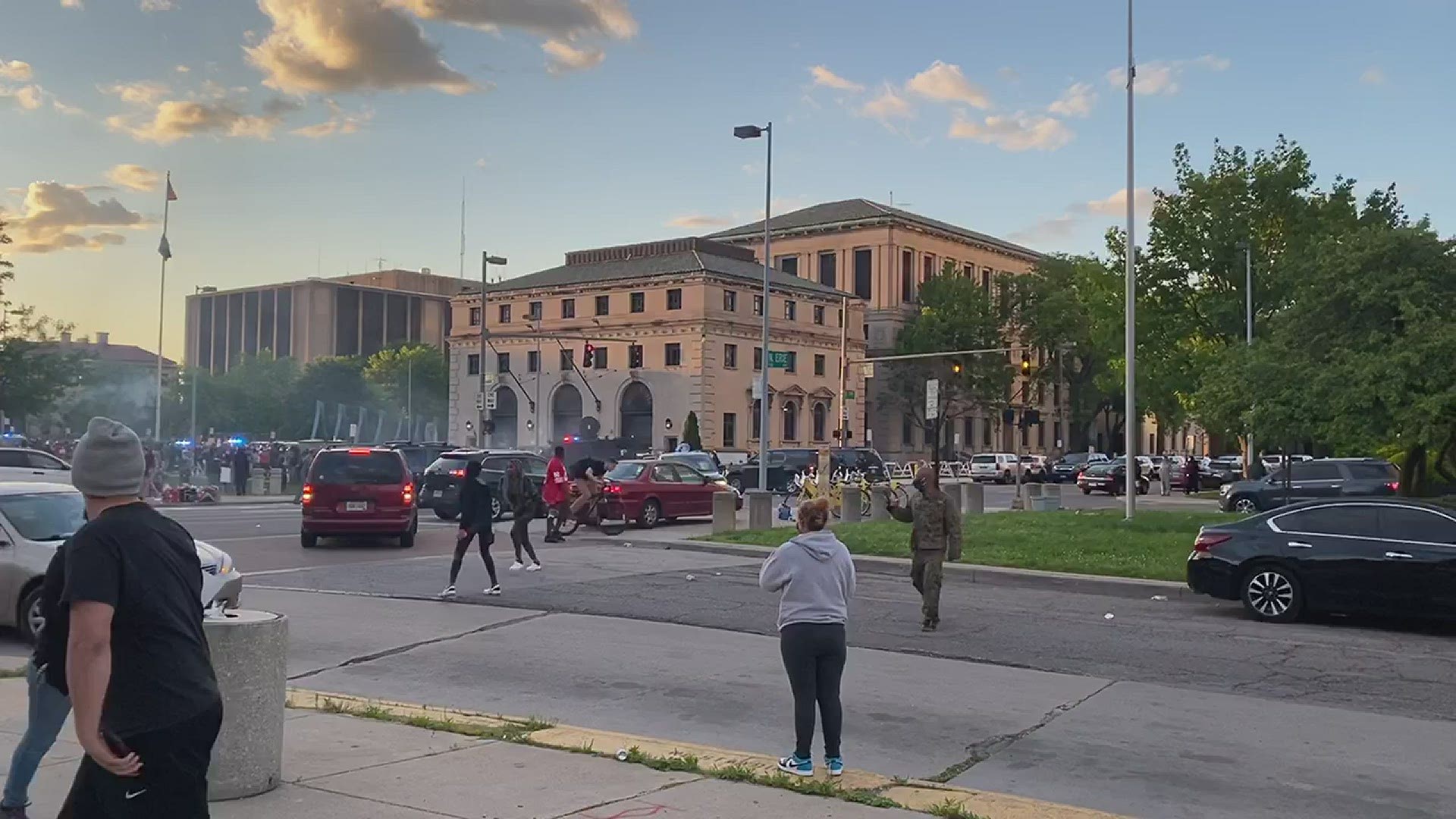 As night fell protesters began setting off fireworks in front of Toledo Police Headquarters in downtown Toledo.