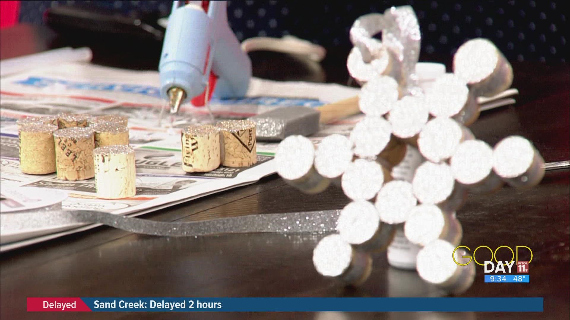 Amanda and Diane make up for the lack of snow this winter by making some snowflakes out of old wine corks.