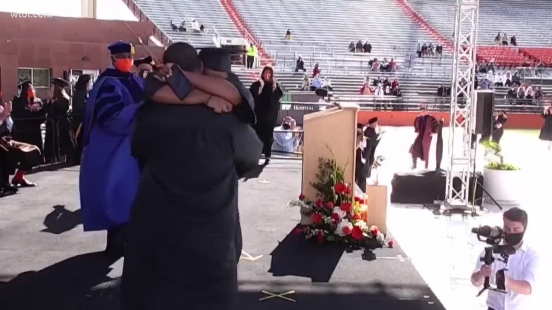 Tatum got to celebrate her graduation with her husband, who surprised her after coming home from Iraq!