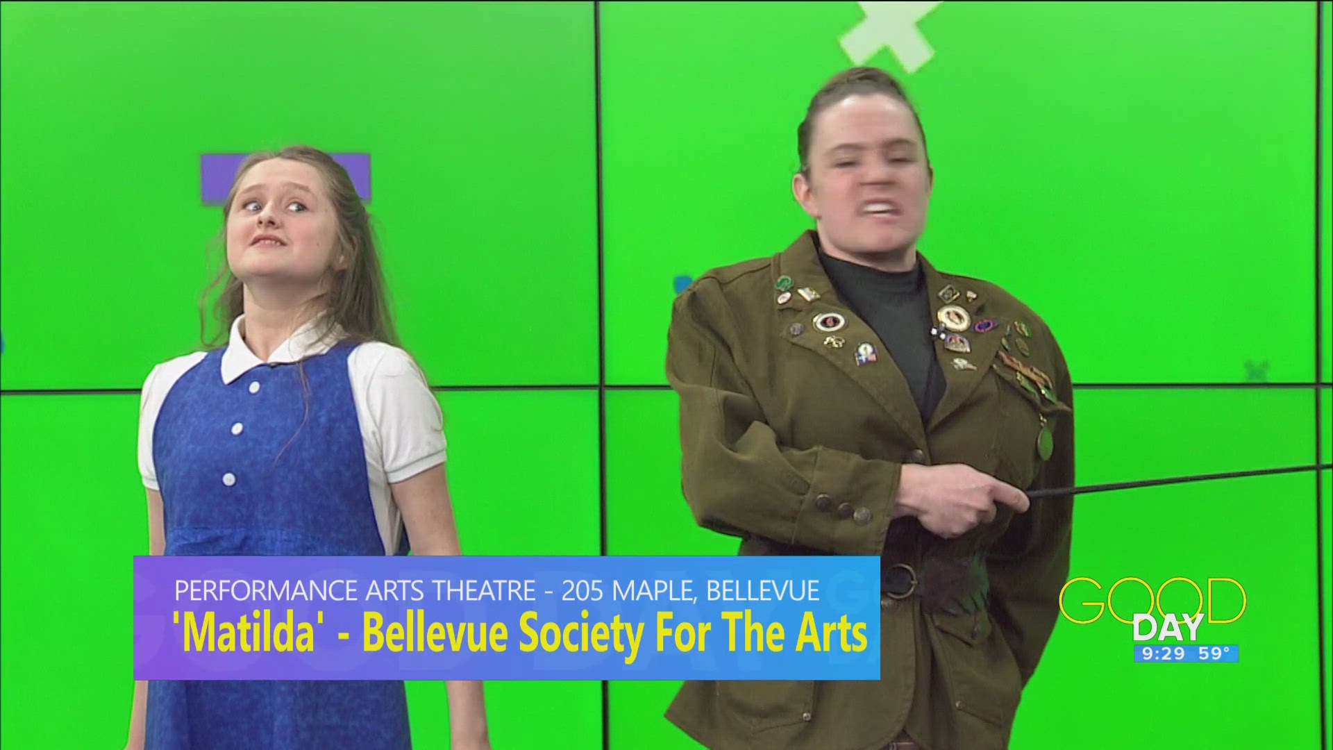 Daphne Holland and Adele Edwards are 'Matilda' and Sam Coffelt is 'the Trunchbull' at the Bellevue Society for the Arts' production of Matilda.