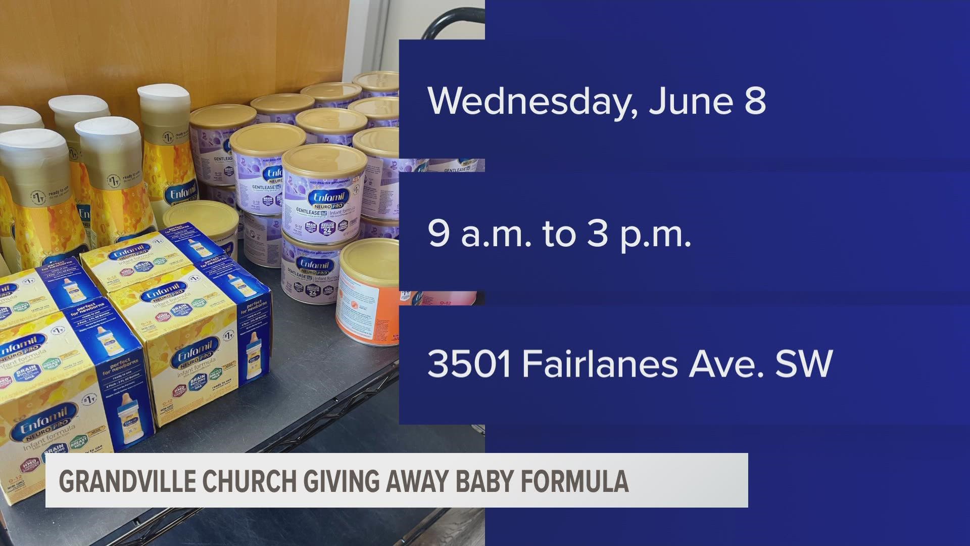 Mars Hill Bible Church will be giving away a limited supply of formula Wednesday after receiving donations from community members.