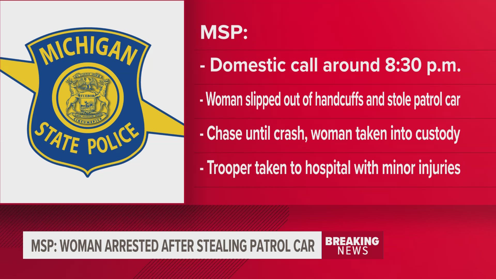 MSP troopers said a woman who was under arrest on Saturday evening slipped out of her handcuffs and stole an MSP patrol vehicle, leading them on a chase.