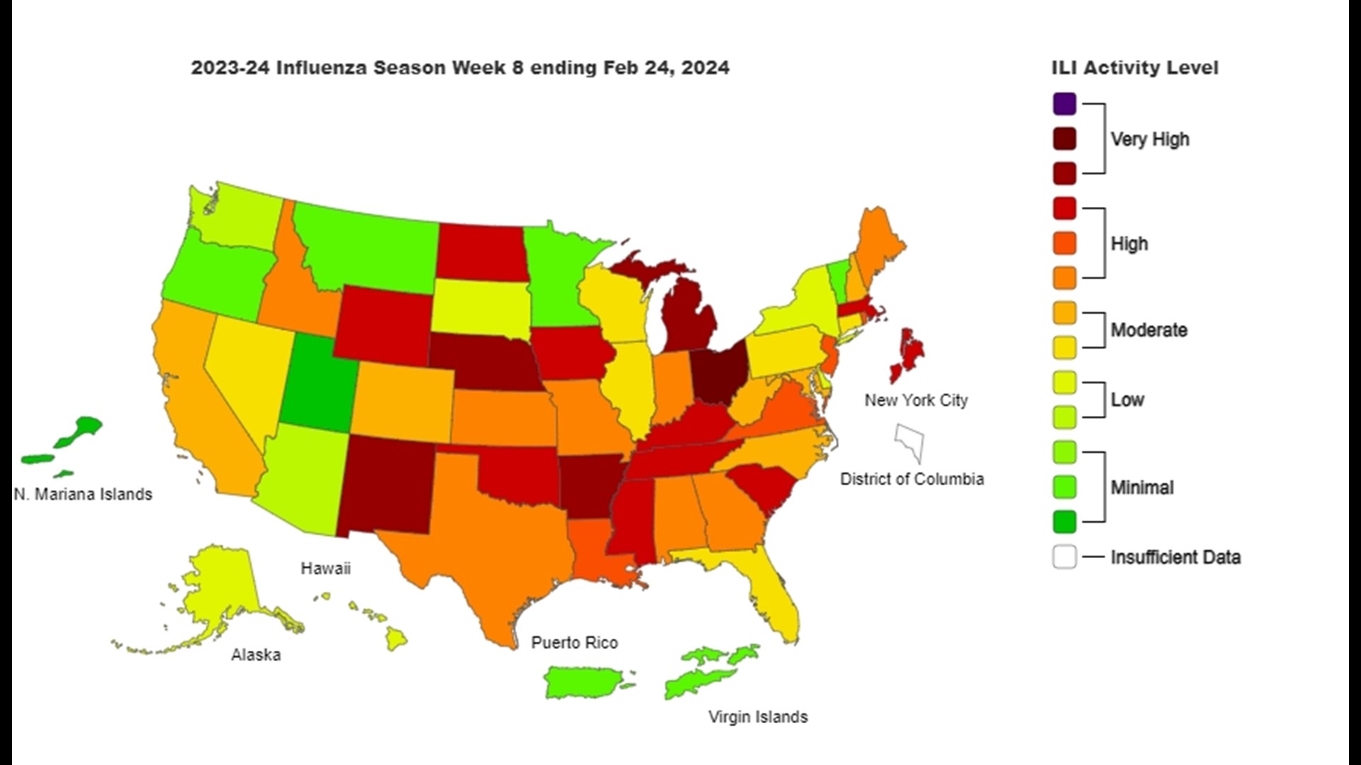 The reporting is for the week of February 18 to 24. The data shows Michigan's flu activity is up 6% from the previous week.